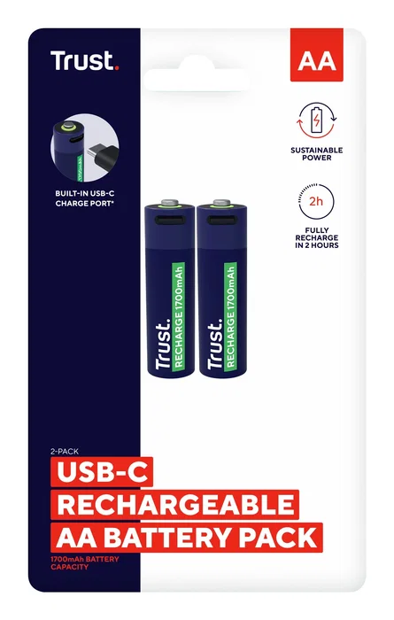 Trust Batería Recargable AA 1700 mAh con Carga USB-C, Pack de 2 Unidades, 800 Ciclos, Indicador Luz, Referencia 25584