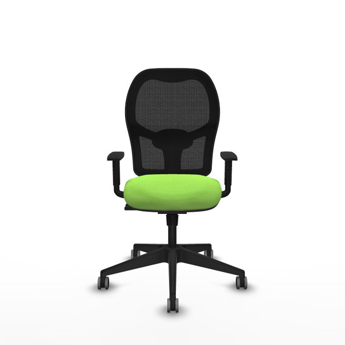 Silla de oficina Alocén con mecanismo Sincro tapizada con Tela color Pistacho y malla color Negro. Equipada con lumbar 1D, Brazos 1D y Ruedas 65 mm parqué