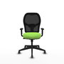 Silla de oficina Alocén con mecanismo Sincro tapizada con Tela color Pistacho y malla color Negro. Equipada con lumbar 1D, Brazos 1D y Ruedas 65 mm parqué