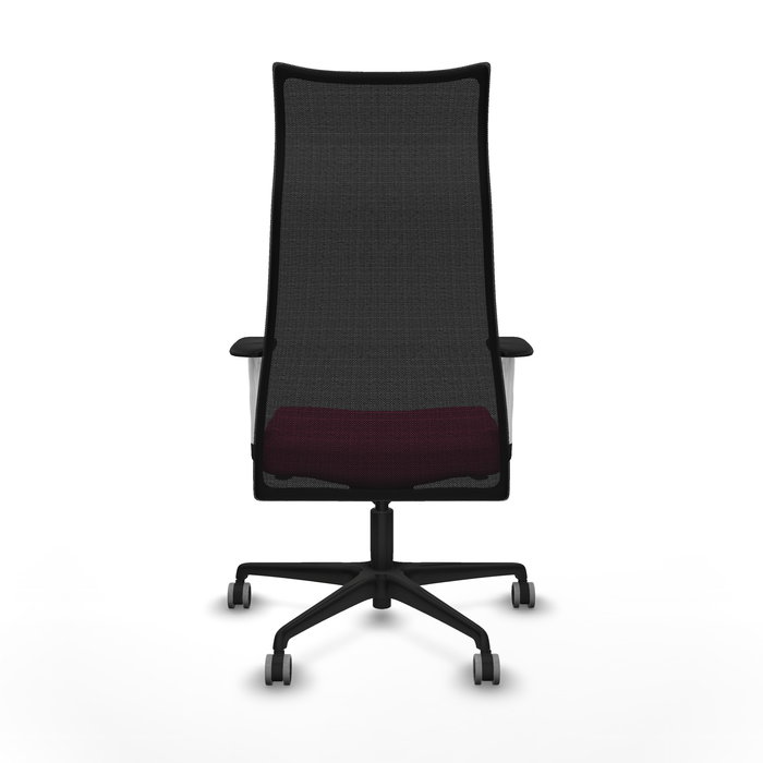 Sillón Albacete con mecanismo Sincro tapizada con Similpiel color Rosa y malla color Negro. Equipado con Base nailon negra, Brazos 1D y Ruedas 65 mm parqué