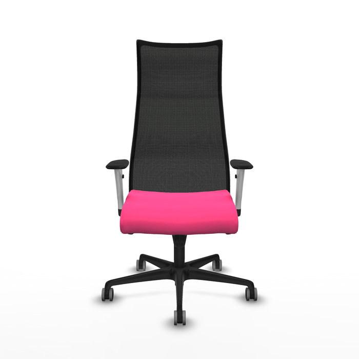 Sillón Albacete con mecanismo Sincro tapizada con Similpiel color Rosa y malla color Negro. Equipado con Base nailon negra, Brazos 1D y Ruedas 65 mm parqué