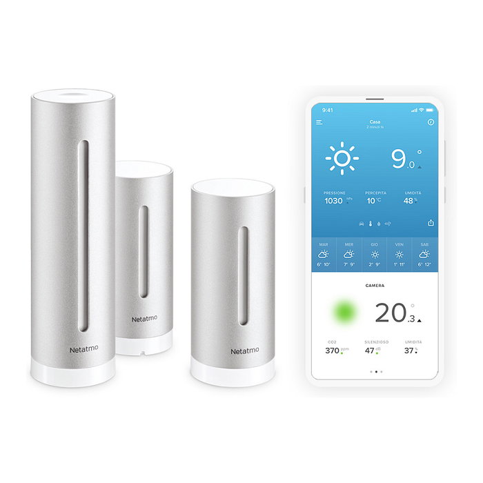 Netatmo Estación Meteorológica Inteligente con Módulo Interior Adicional NBU-NWS-NIM-EU - Barómetro, Higrómetro, Termómetro, Wifi, Alexa, HomeKit, Plata