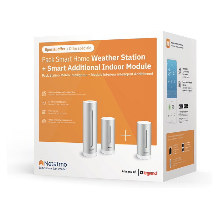 Netatmo Estación Meteorológica Inteligente con Módulo Interior Adicional NBU-NWS-NIM-EU - Barómetro, Higrómetro, Termómetro, Wifi, Alexa, HomeKit, Plata