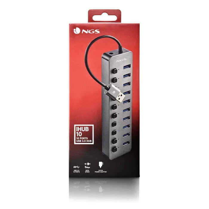 NGS IHUB10 Hub USB 3.2 Gen 1 de 10 Puertos Tipo-A, 5000 Mbit/s, Alimentación por Corriente Alterna, Cable 0.18m, Negro
