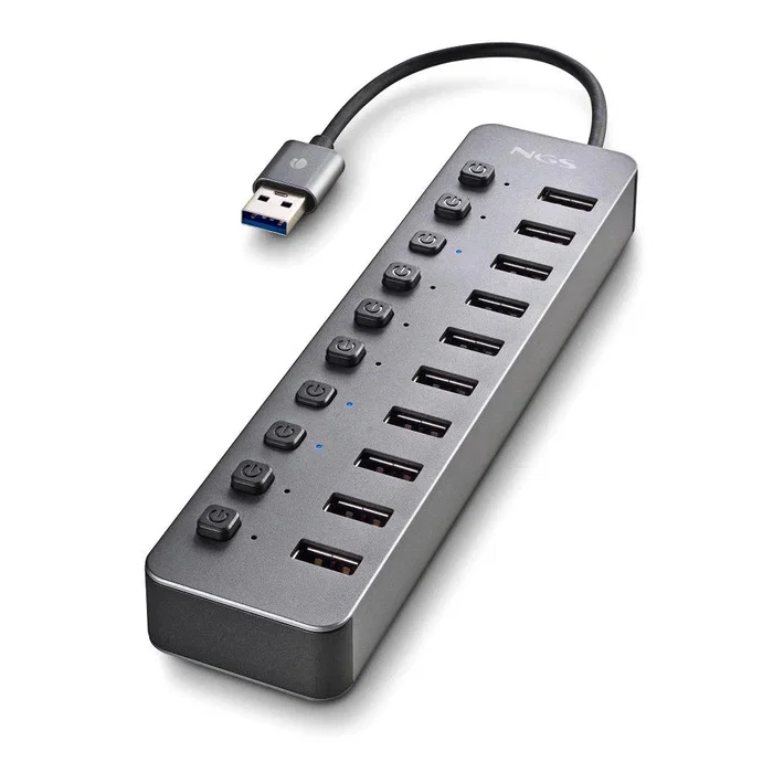 NGS IHUB10 Hub USB 3.2 Gen 1 de 10 Puertos Tipo-A, 5000 Mbit/s, Alimentación por Corriente Alterna, Cable 0.18m, Negro