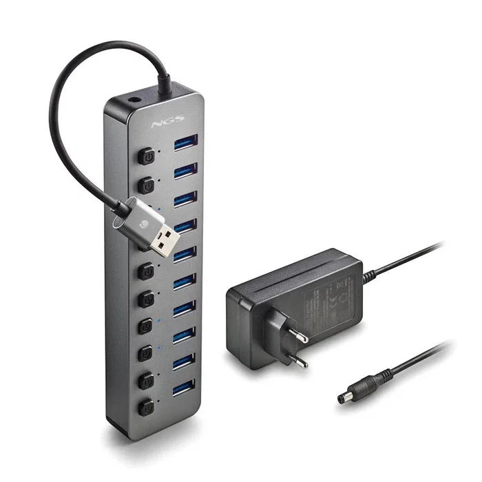 NGS IHUB10 Hub USB 3.2 Gen 1 de 10 Puertos Tipo-A, 5000 Mbit/s, Alimentación por Corriente Alterna, Cable 0.18m, Negro