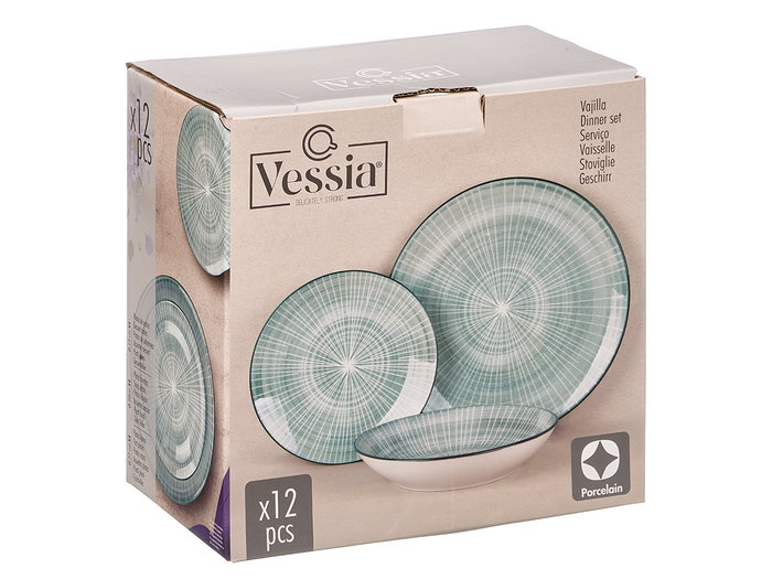 VESSIA - Juego de Vajilla para 4 Personas, 12 Piezas, Diseño de Rayas, Azul, Cerámica, Dimensiones del Plato Grande: 26.7x26.7x2 cm (Set de 2)