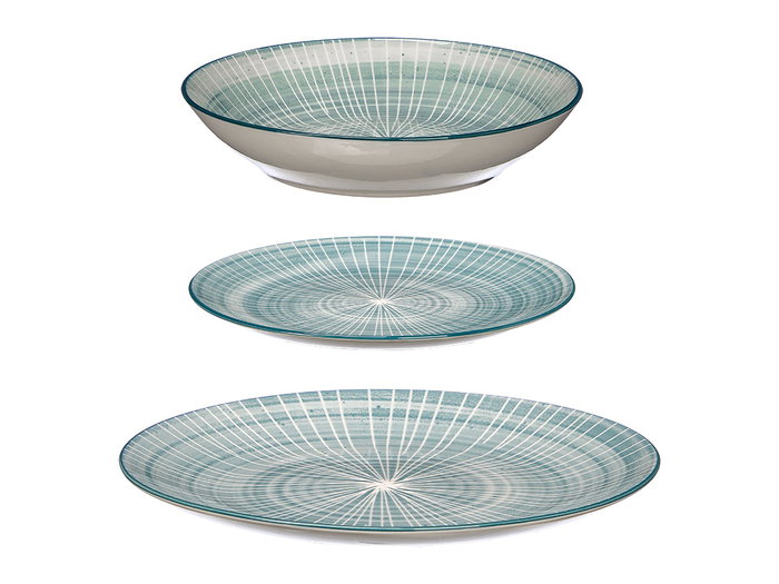 VESSIA - Juego de Vajilla para 4 Personas, 12 Piezas, Diseño de Rayas, Azul, Cerámica, Dimensiones del Plato Grande: 26.7x26.7x2 cm (Set de 2)