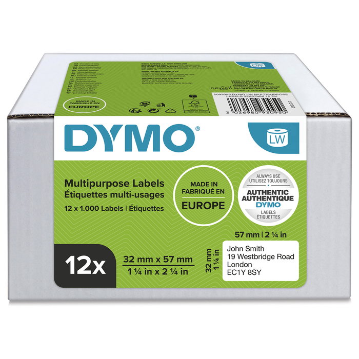 Dymo Etiquetas Multiuso 32 x 57 mm Blanco - 12 Rollos x 1000 Etiquetas