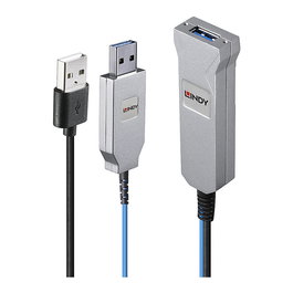 LINDY Cable USB 3.0 43345 de 30 m Fibra óptica 5 Gbit/s, USB A Macho a 2x USB A (Macho/Hembra), Azul/Plata