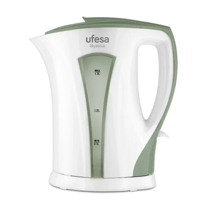 Ufesa Nyassa 71505416 Hervidor de agua eléctrico 1.7L 2200W, tetera sin cable con base giratoria 360°, filtro antical extraíble, color blanco y verde
