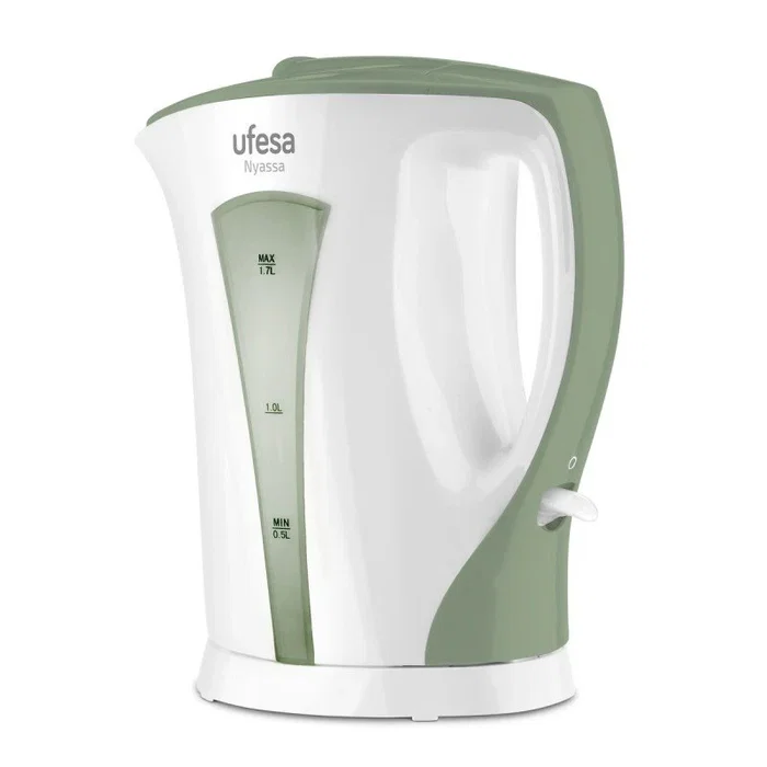 Ufesa Nyassa 71505416 Hervidor de agua eléctrico 1.7L 2200W, tetera sin cable con base giratoria 360°, filtro antical extraíble, color blanco y verde