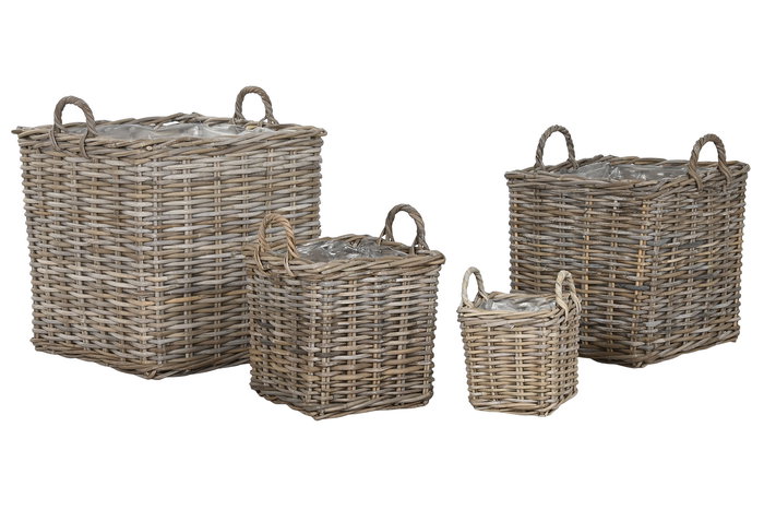 DKD Home Decor Cesta Set de 4 Indonesia 1c24 Mimbre Gris Claro 50 x 50 x 58 cm con Asa