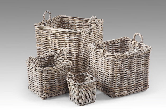 DKD Home Decor Cesta Set de 4 Indonesia 1c24 Mimbre Gris Claro 50 x 50 x 58 cm con Asa