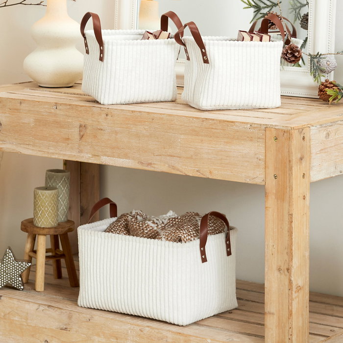 Home Deco Factory Juego de 3 Cestas Blancas Cocooning, Poliéster y EVA, 23x17x16 cm y 36x26x20 cm
