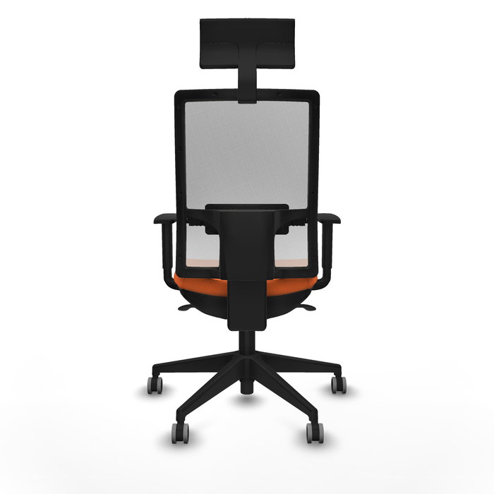 Silla de oficina Horna con mecanismo Sincro tapizada con Tela color Naranja y malla color Blanco. Equipada con lumbar 1D, Brazos 1D, Cabecero Fijo y Ruedas 65 mm parqué