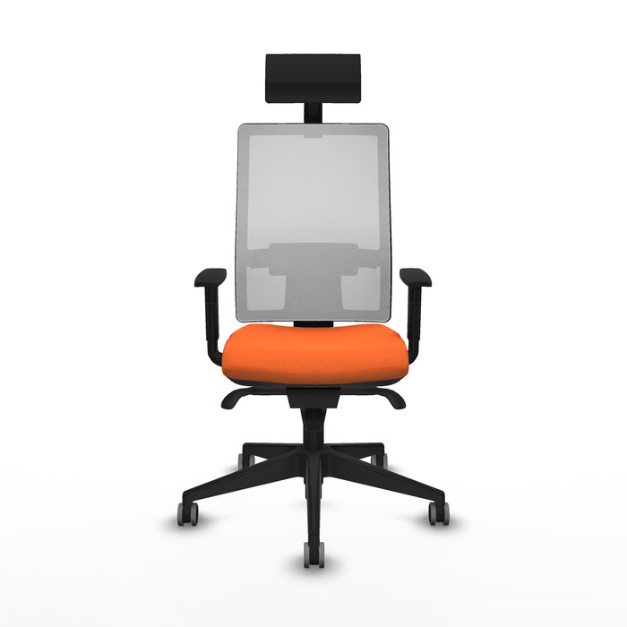 Silla de oficina Horna con mecanismo Sincro tapizada con Tela color Naranja y malla color Blanco. Equipada con lumbar 1D, Brazos 1D, Cabecero Fijo y Ruedas 65 mm parqué