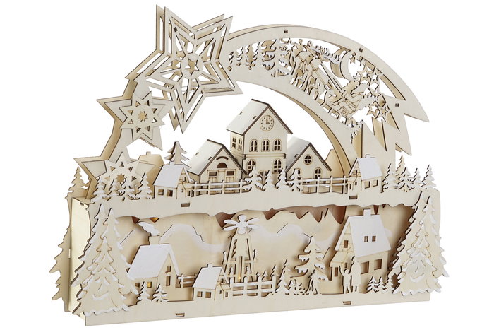 DKD Home Decor Casa LED Natural MDF 32 x 45.35 x 6.5 cm con 2 Baterías AAA