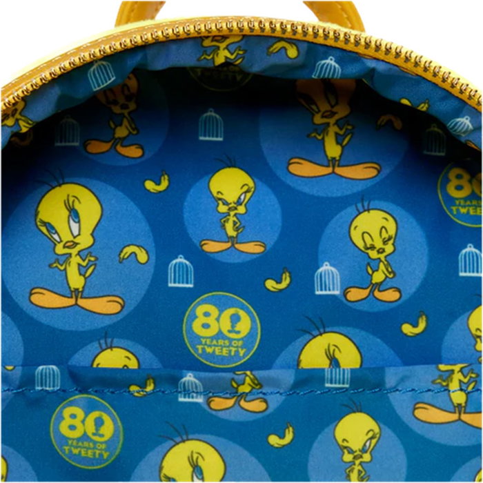Loungefly Mochila Felpa Piolín Tweety Looney Tunes 80th Anniversary, Acolchada, Cuero Vegano, 22.8 x 26.6 x 11.5 cm