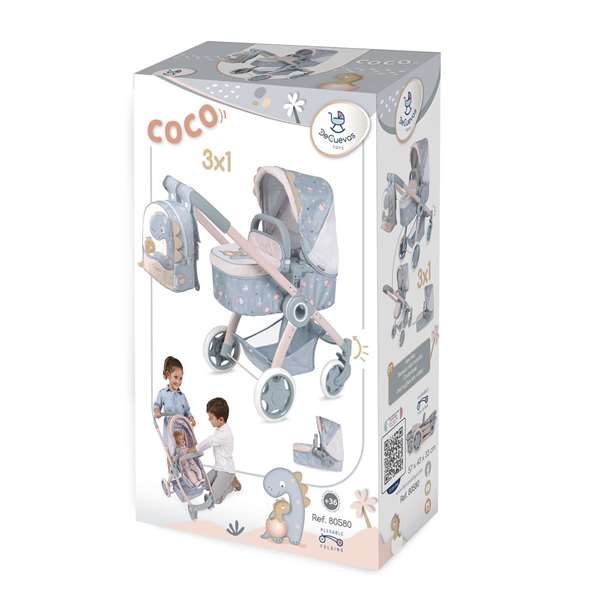 Decuevas Coche de Muñeca 3x1 Plegable Coco con Mochila para Muñecas de hasta 48 cm 41x62x70 cm