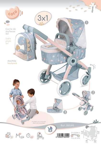 Decuevas Coche de Muñeca 3x1 Plegable Coco con Mochila para Muñecas de hasta 48 cm 41x62x70 cm