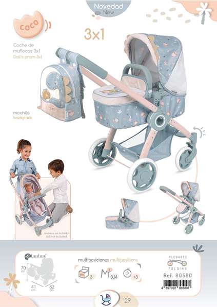 Decuevas Coche de Muñeca 3x1 Plegable Coco con Mochila para Muñecas de hasta 48 cm 41x62x70 cm