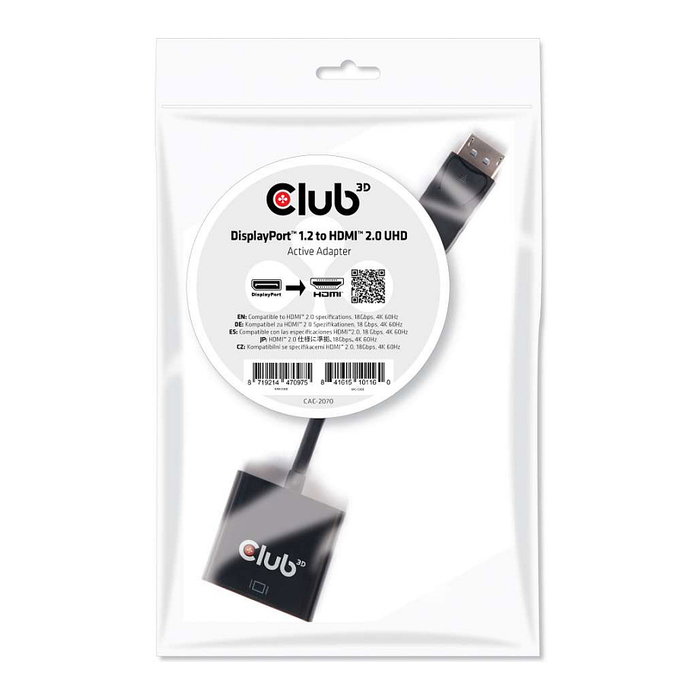 Club3D DisplayPort 1.2 a HDMI 2.0 UHD Adaptador Activo, 0,21 m, 4K 60Hz, 4:2:2, 4:4:4, 4:2:0, Negro Club3D DisplayPort 1.2 a HDMI 2.0 UHD Adaptador Activo, 0,21 m, 4K 60Hz, 4:2:2, 4:4:4, 4:2:0, Negro