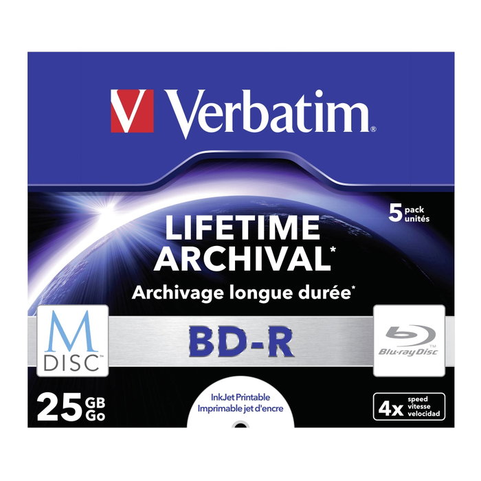 Verbatim M-Disc BD-R Blu-Ray 25GB 4x Imprimible (5 Pack Jewel Case)