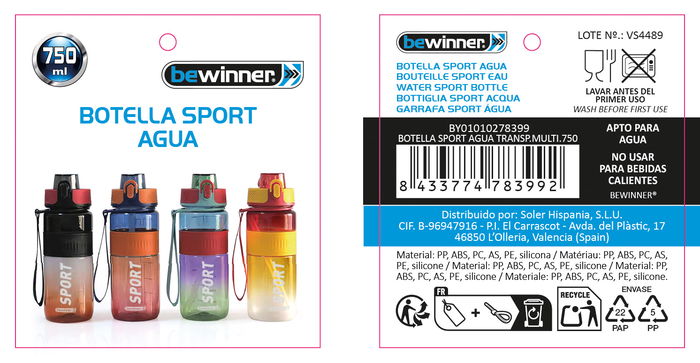 Inde Botella Sport Agua Transparente Multiusos 750 ml (12 Unidades)