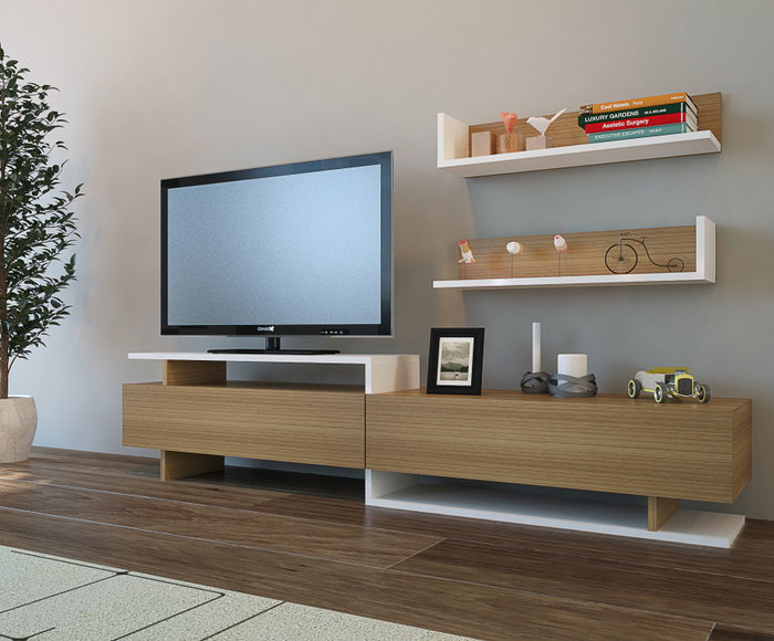 Hanah Home Ayaz Mueble TV Teak y Blanco 180cm x 40cm x 37.4cm Tablero de Partículas Melamina Moderno Elegante