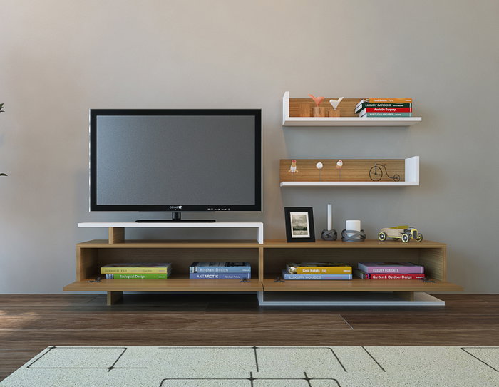 Hanah Home Ayaz Mueble TV Teak y Blanco 180cm x 40cm x 37.4cm Tablero de Partículas Melamina Moderno Elegante