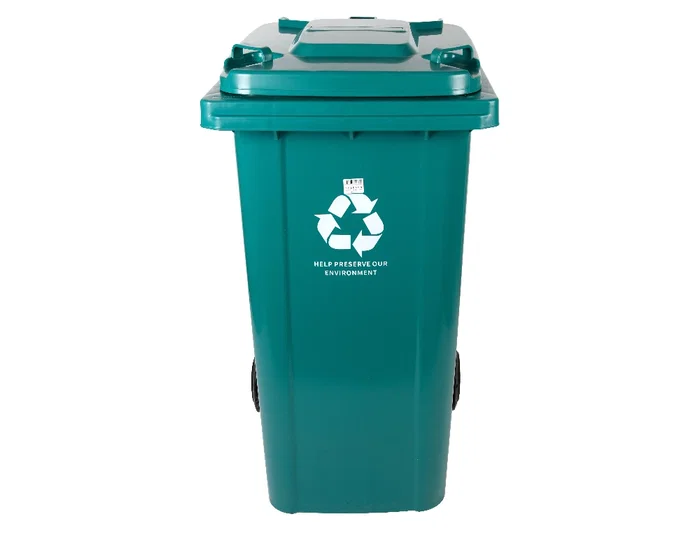 Q-connect Papelera Contenedor de Plástico con Tapa y Ruedas, Verde, 240 Litros, 1040x620x610 mm