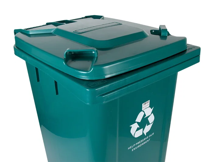 Q-connect Papelera Contenedor de Plástico con Tapa y Ruedas, Verde, 240 Litros, 1040x620x610 mm