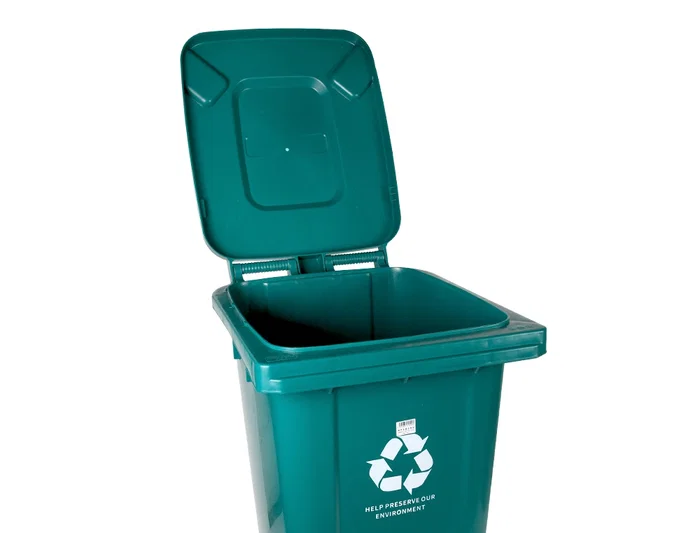 Q-connect Papelera Contenedor de Plástico con Tapa y Ruedas, Verde, 240 Litros, 1040x620x610 mm