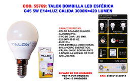 TALOX Bombilla LED Esférica G45 5W E14 Luz Cálida 3000K 420 Lumen
