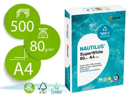 Nautilus Papel Fotocopiadora Superwhite 100% Reciclado DIN A4 80 Gramos Paquete 500 Hojas