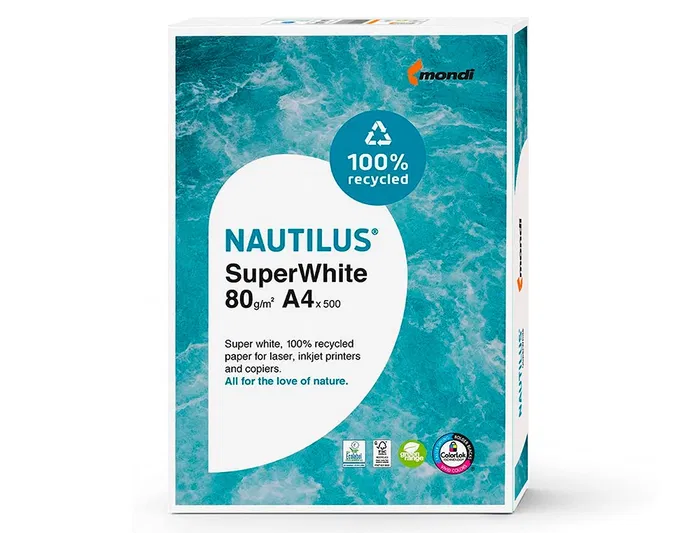 Nautilus Papel Fotocopiadora Superwhite 100% Reciclado DIN A4 80 Gramos Paquete 500 Hojas