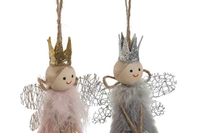 DKD Home Decor Decoración Colgante Navidad Fantasía Hada Gris Claro Rosa 3 x 18 x 8 cm (12 Unidades)