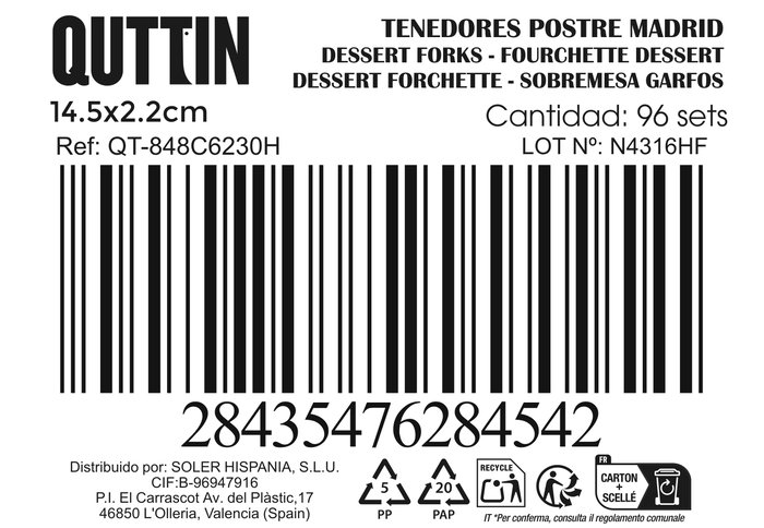 Inde Set de 6 Tenedores de Postre Madrid, 14.5 cm (12 Cajas)