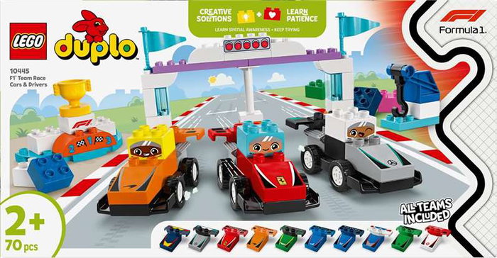 LEGO Duplo - Juego de Construcción de Coches de Carreras y Pilotos del Equipo de F1 para niños +24 meses