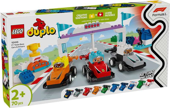 LEGO Duplo - Juego de Construcción de Coches de Carreras y Pilotos del Equipo de F1 para niños +24 meses