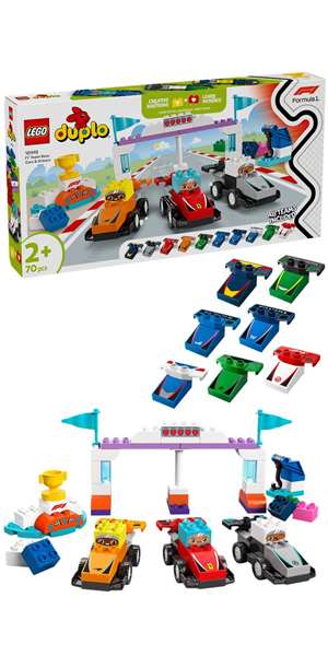 LEGO Duplo - Juego de Construcción de Coches de Carreras y Pilotos del Equipo de F1 para niños +24 meses