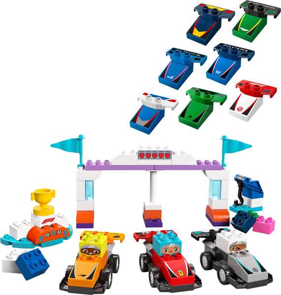LEGO Duplo - Juego de Construcción de Coches de Carreras y Pilotos del Equipo de F1 para niños +24 meses