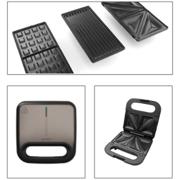 Aiwa TETSU ASM-750 Sandwich & Grill - Sandwichera, Grill y Gofrera 3 en 1, 750 W, Placas Antiadherentes, Acabado Antihuellas, Acero Inoxidable