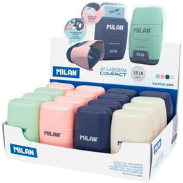 Milan Serie 1918 Afilaborra Compact con Goma de Borrar y Depósito, Sacapuntas Doble MAXI, Caja Expositora 16 Unidades