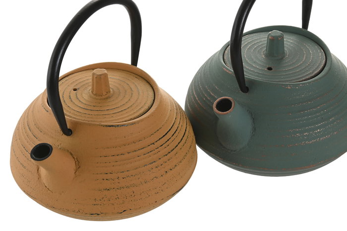 DKD Home Decor Tetera Oriental Verde Naranja Hierro Colado Inox 400ml (2 Unidades) 11 x 13.5 x 13 cm