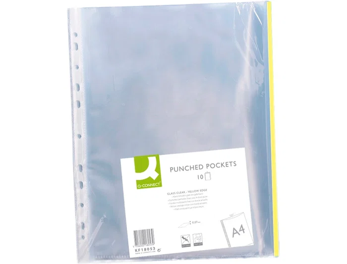 Q-connect Funda Multitaladro Cristal DIN A4 70 micras Borde Amarillo, Bolsa 10 Unidades