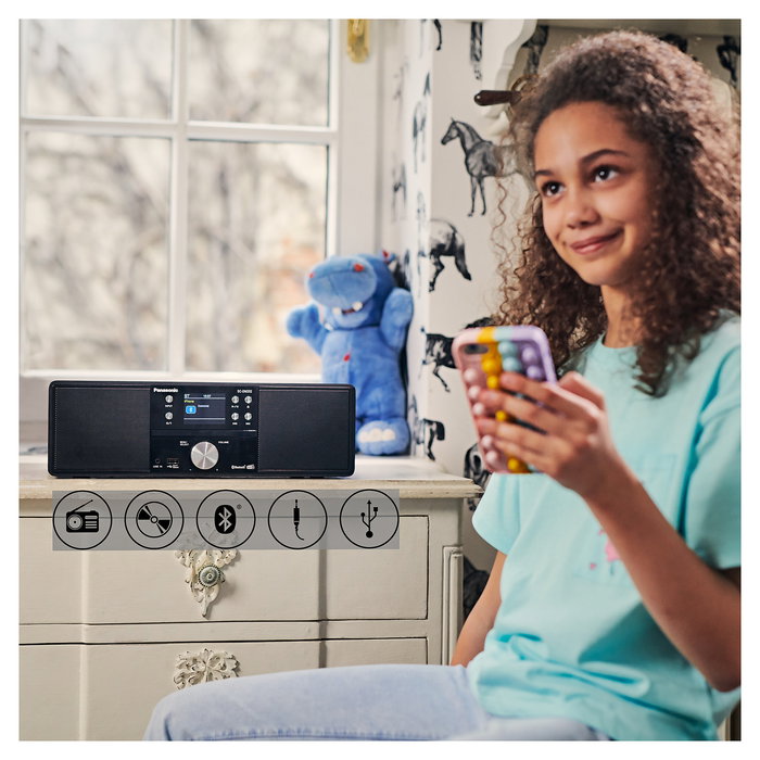 Panasonic SC-DM202EG-K Microcadena de Música Bluetooth 5.0 con CD, DAB+, USB, Reloj y Alarma - Negro