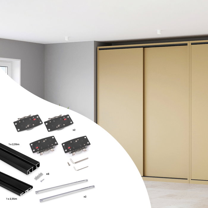 Emuca Sistema Flow 2 de superficie en formato kit para un armario de 2 puertas correderas de madera apoyadas con cierre suave Emuca Sistema Flow 2 de superficie en formato kit para un armario de 2 puertas correderas de madera apoyadas con cierre suave