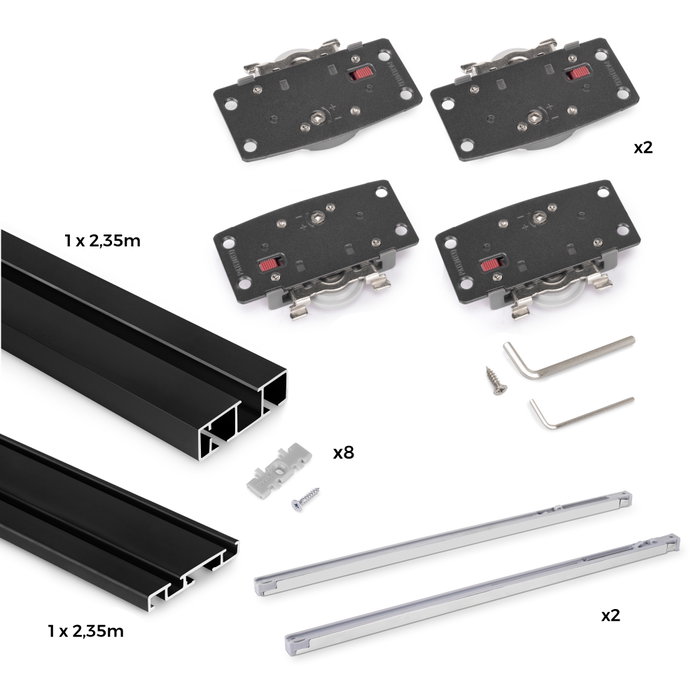 Emuca Sistema Flow 2 de superficie en formato kit para un armario de 2 puertas correderas de madera apoyadas con cierre suave Emuca Sistema Flow 2 de superficie en formato kit para un armario de 2 puertas correderas de madera apoyadas con cierre suave